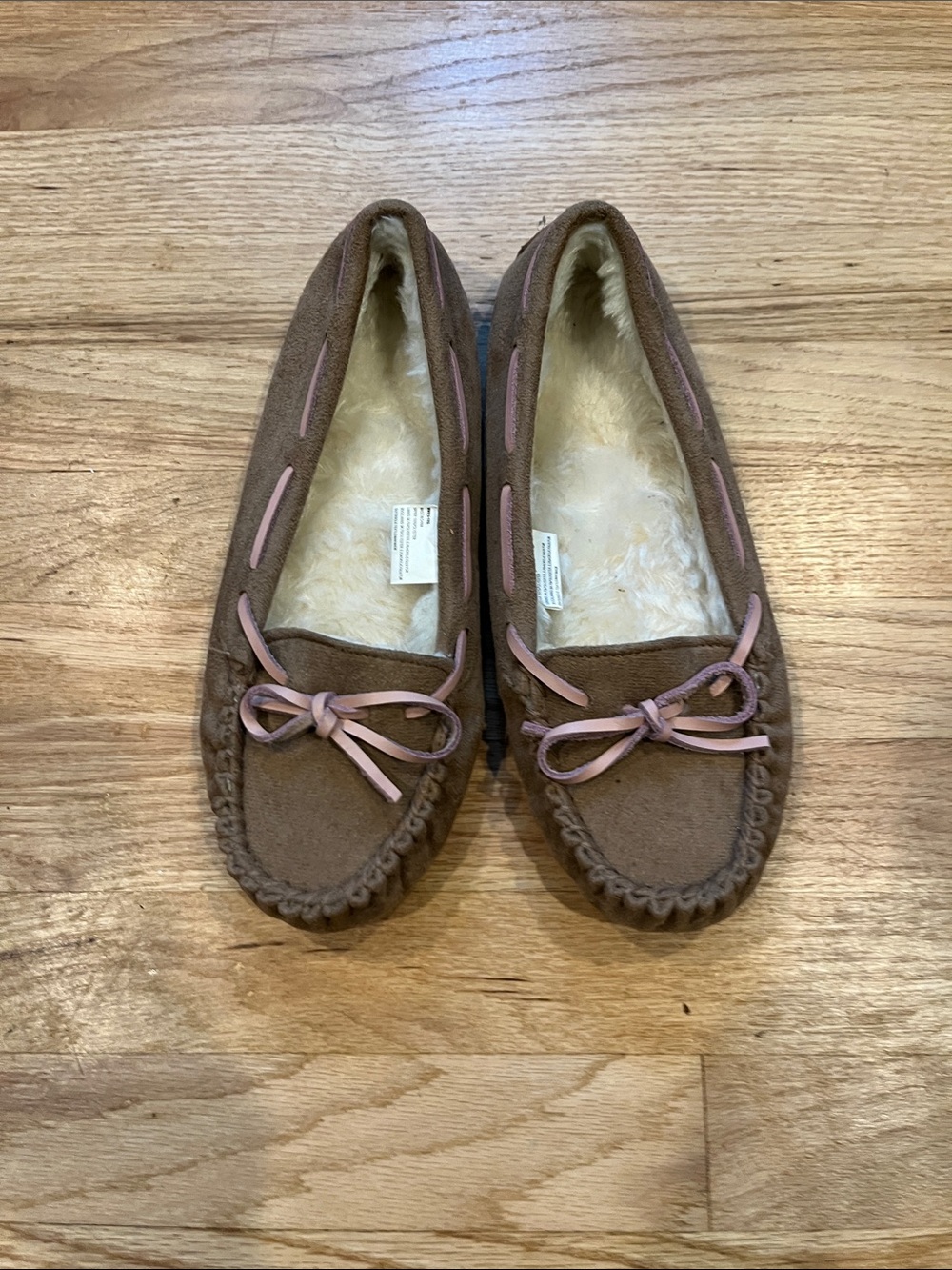 Brown Faux-Suede Women’s Moccasin Slippers with Pink Trim